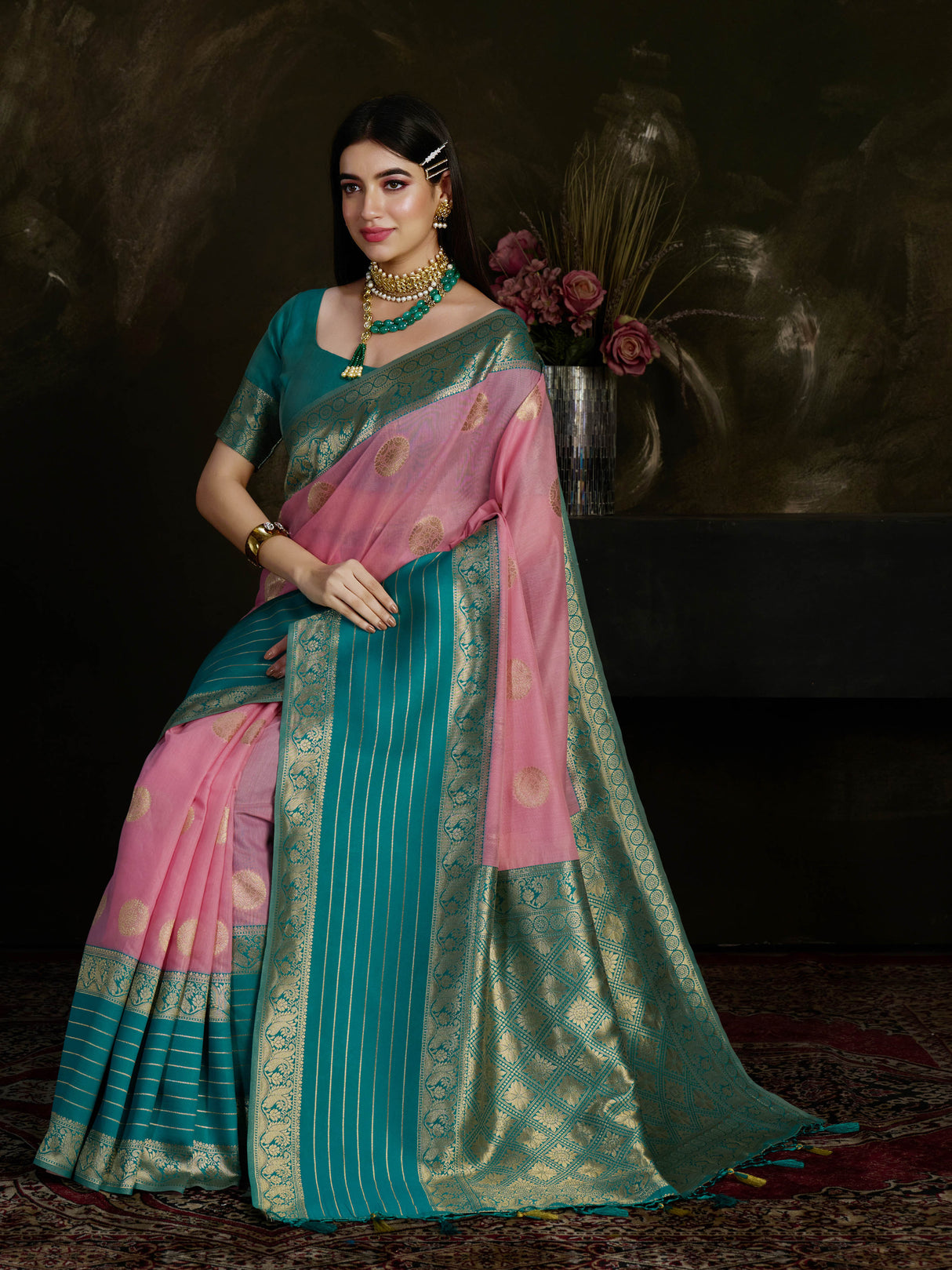 Mimosa Women's Woven Design Kanjivaram Style Art Silk Saree With Blouse Piece : SA0000869PNK