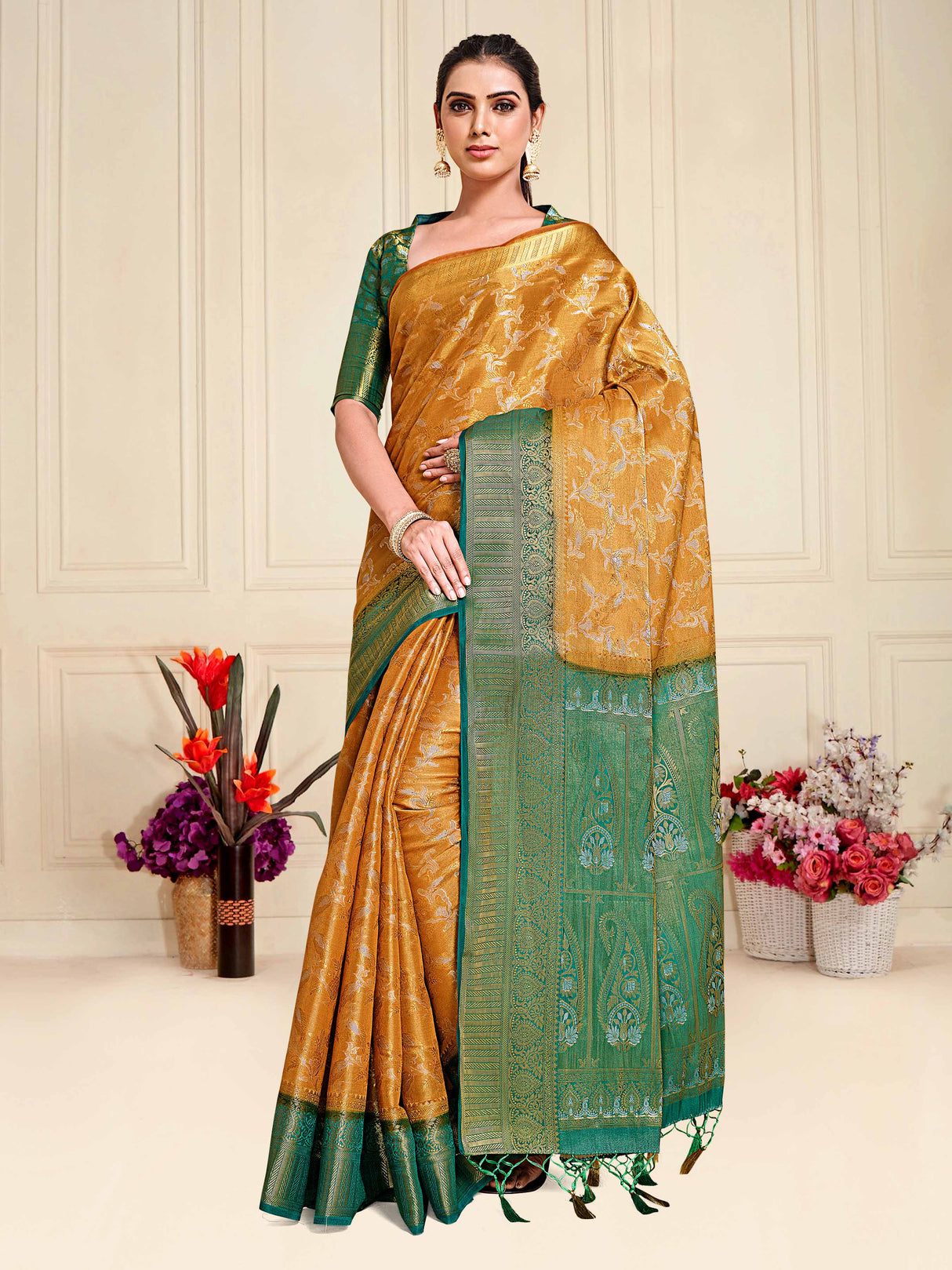 Mimosa Womens Art Silk Saree Kanjivaram Mustard Color