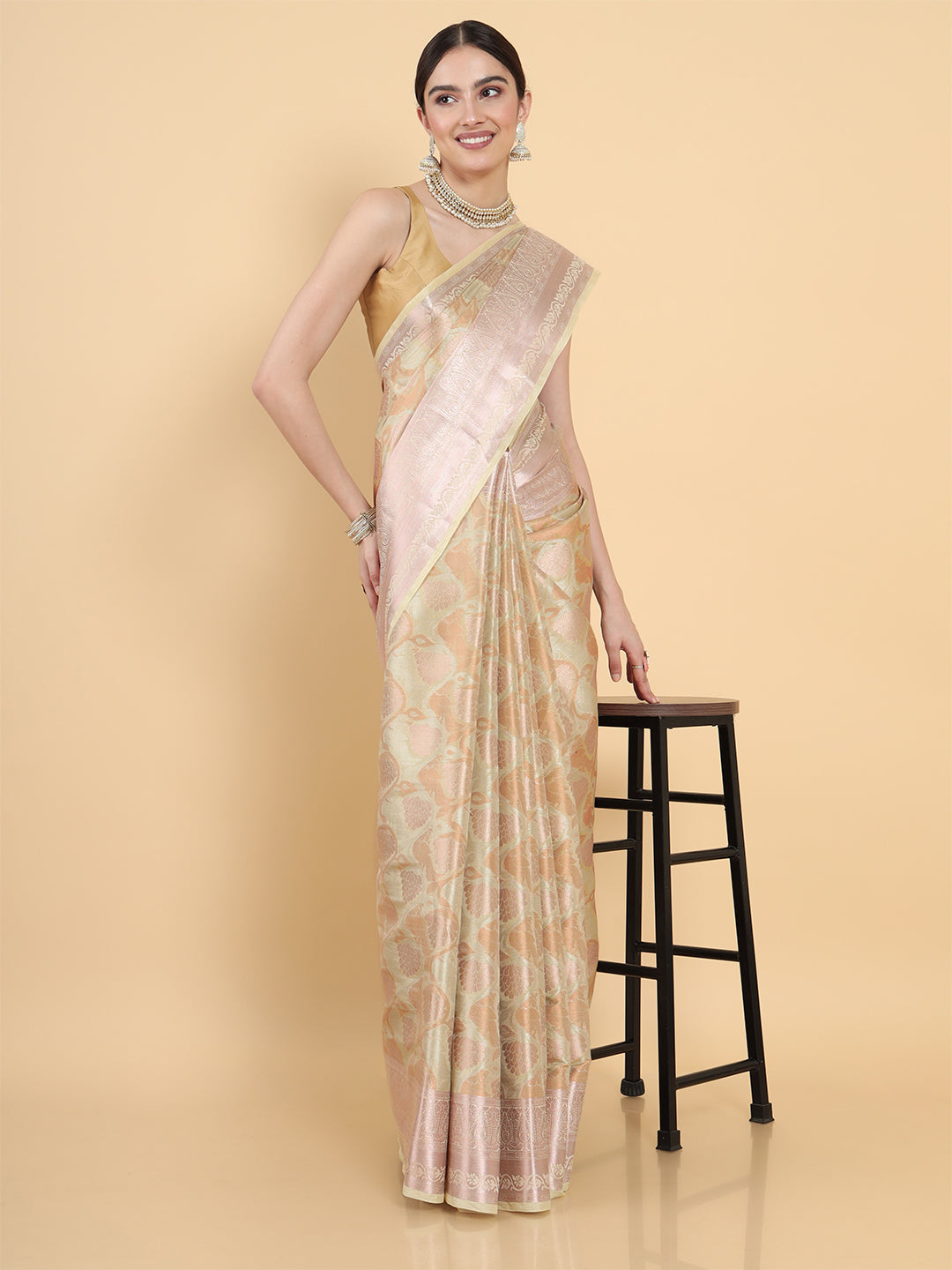 Mimosa Womens Art Silk Saree Kasavu Cream Color