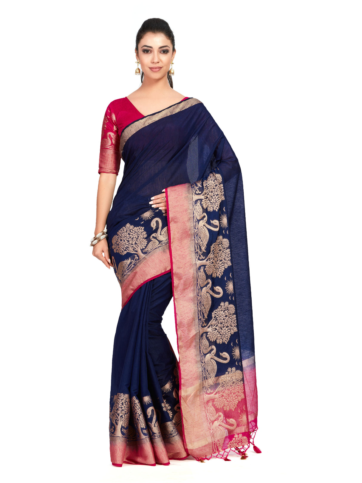 Mimosa Womens Linen Saree Kanjivaram style Navy Blue Color