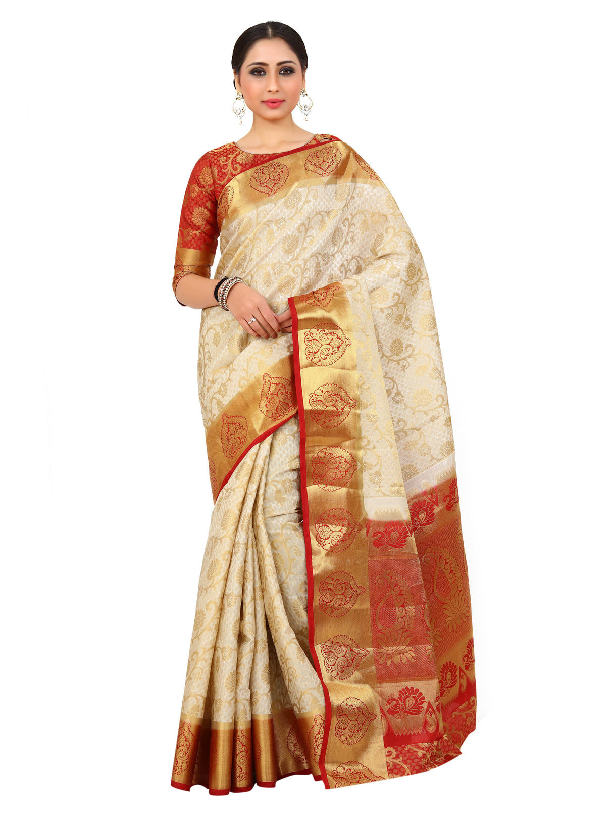 Mimosa Womens Art Silk Saree Kanjivaram Halfwhite Color