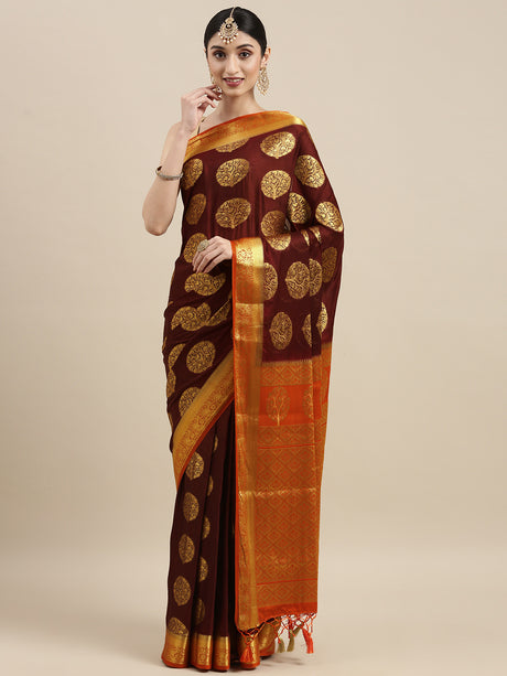 Mimosa Womens Crepe Saree Mysore Silk Chocolate Color