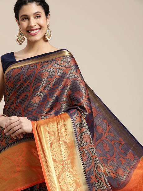 Mimosa Womens Art Silk Saree Kanjivaram Navy Blue Color