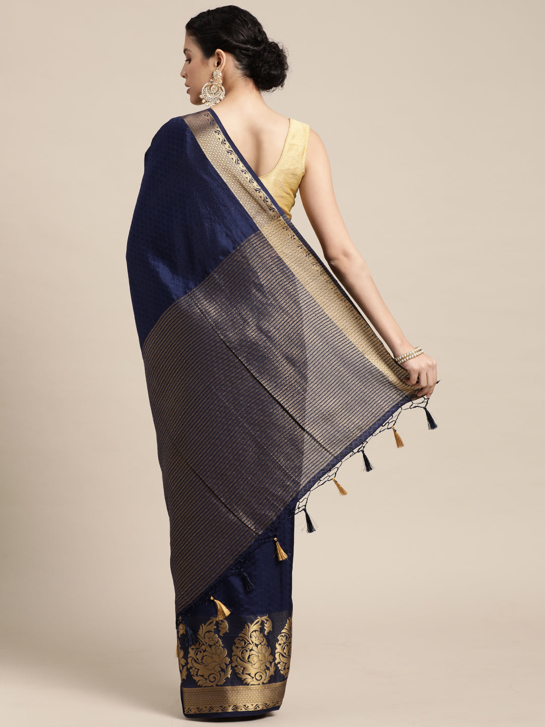 Mimosa Womens Art Silk Saree Kanjivaram style Navy Blue Color