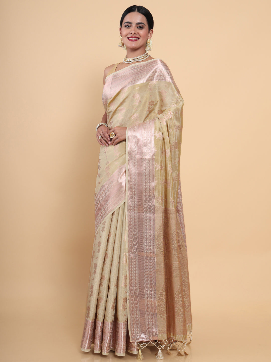 Mimosa Womens Art Silk Saree Kasavu Cream Color