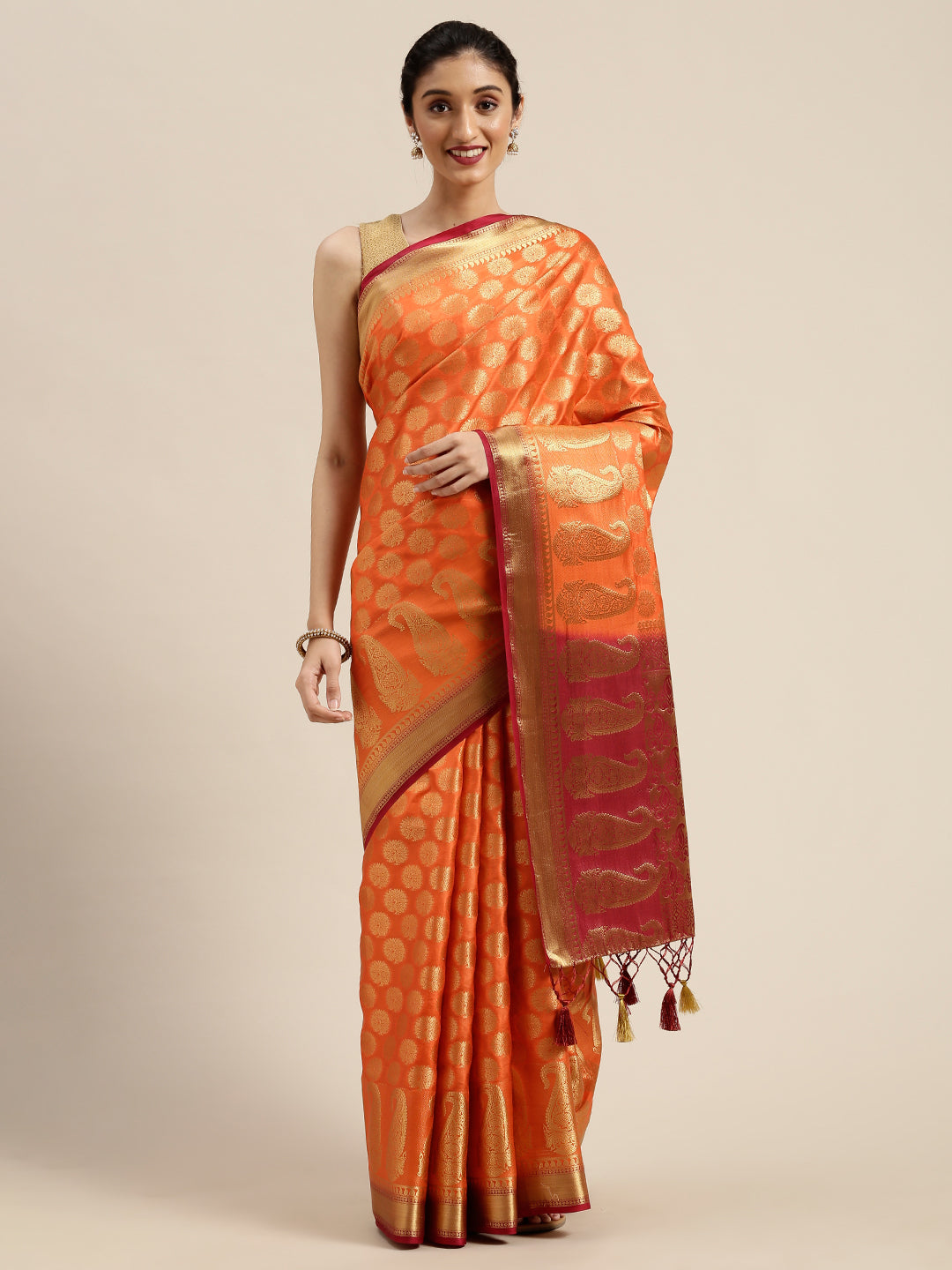 Mimosa Womens Art Silk Saree Kanjivaram Peach Color