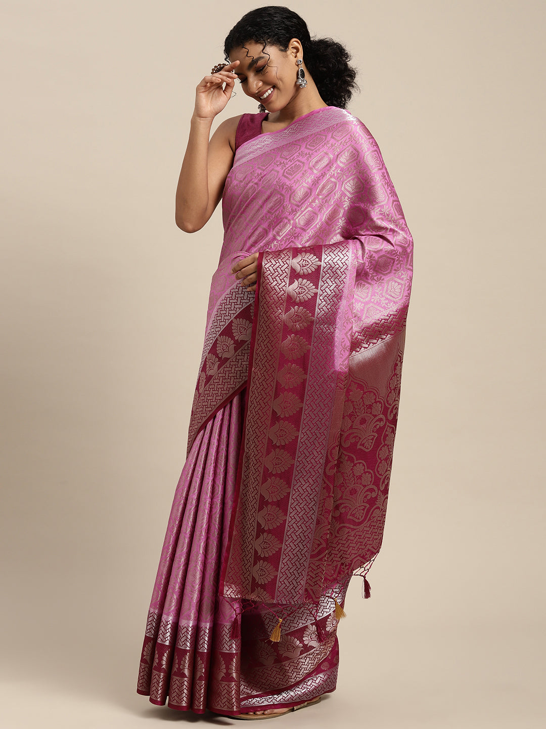 Mimosa Womens Art Silk Saree Kanjivaram style Pink Color