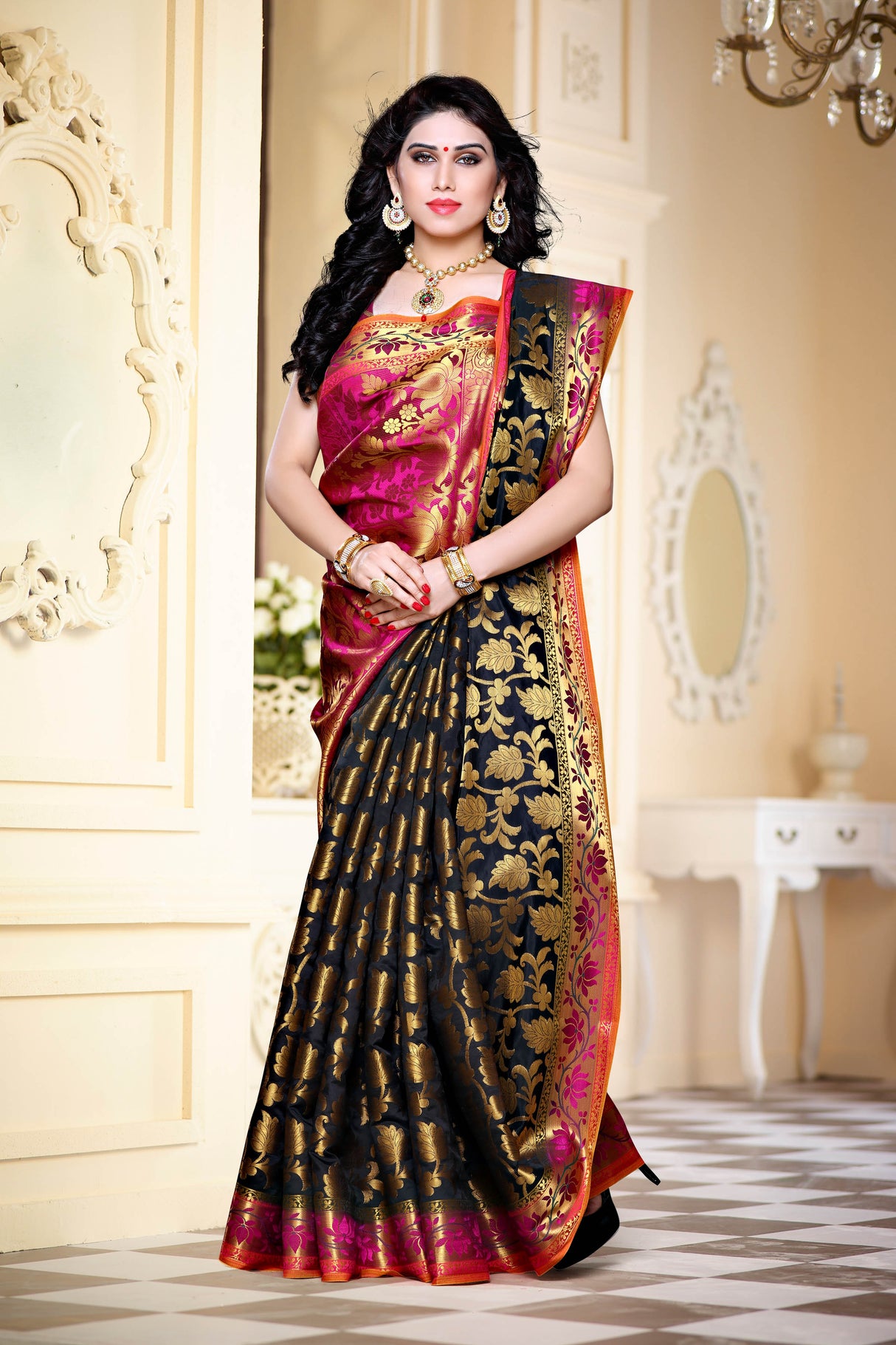 Mimosa Womens Art Silk Saree Kanjivaram Black Color