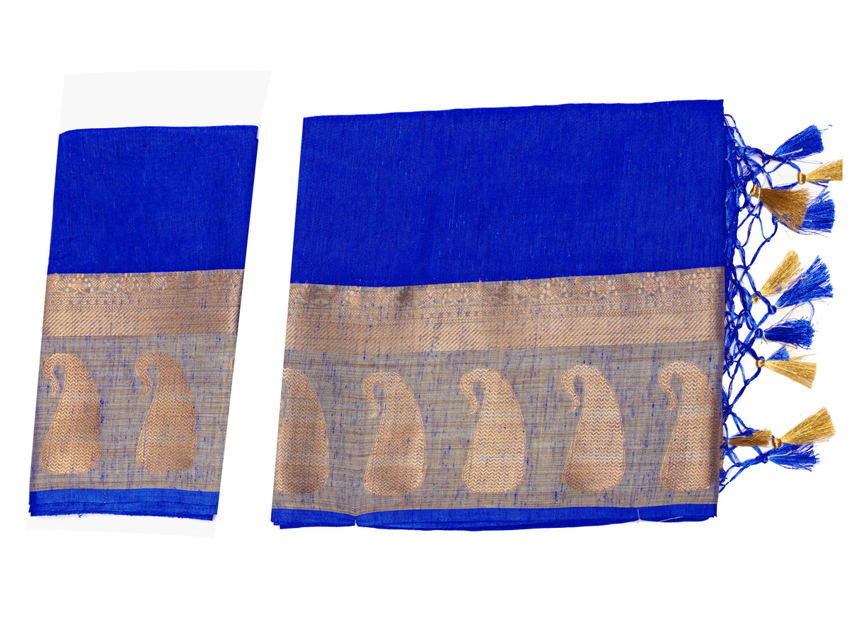 Mimosa Womens Linen Saree Kanjivaram style Royal Blue Color