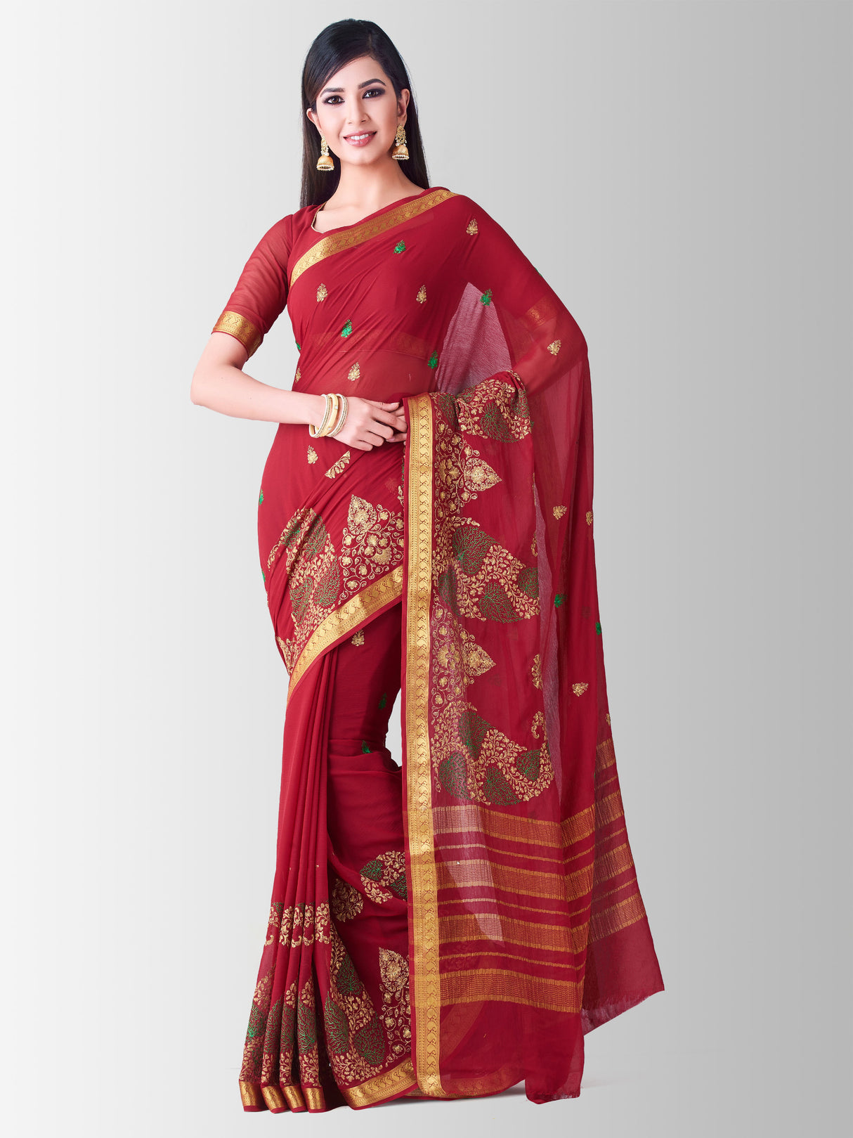 Mimosa Womens Chiffon Saree Banarasi Maroon Color