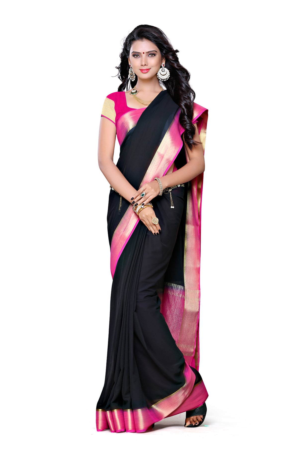 Mimosa Womens Chiffon Saree Kanjivaram style Black Color