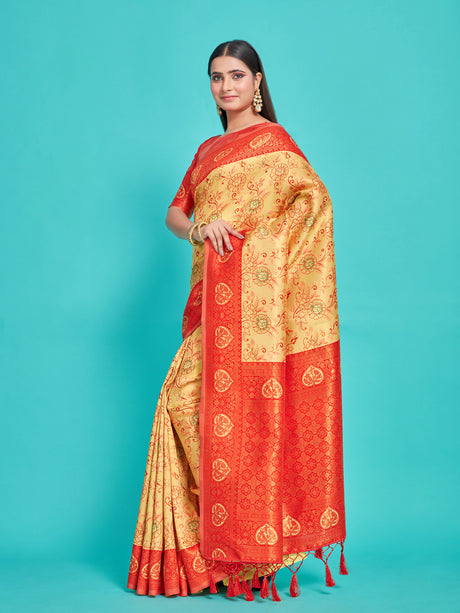 Mimosa Women's Woven Design Kanjivaram Style Art Silk Saree With Blouse Piece : SA00001251YLWFREE