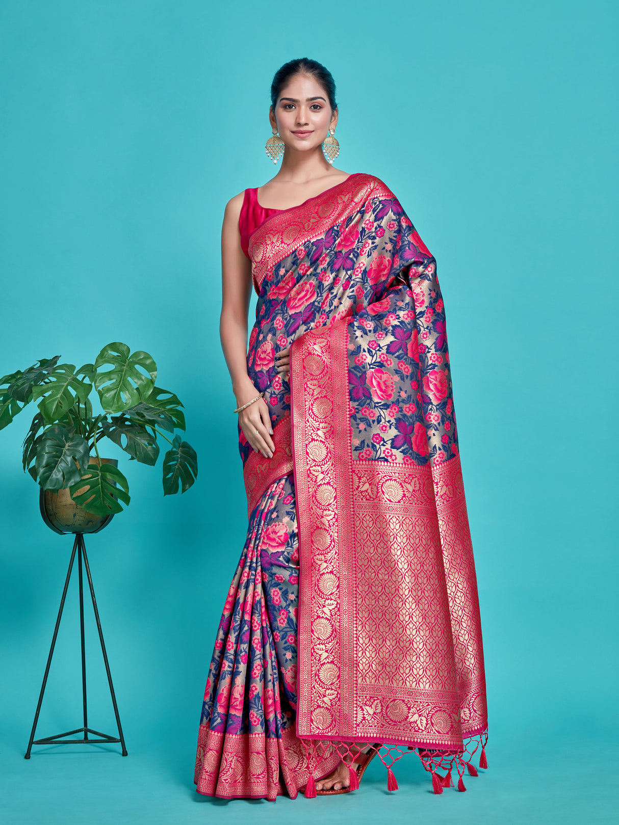 Mimosa Women's Woven Design Kanjivaram Style Art Silk Saree With Blouse Piece : SA00001335NVFREE