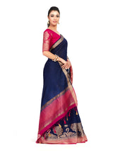 Mimosa Womens Linen Saree Kanjivaram style Navy Blue Color