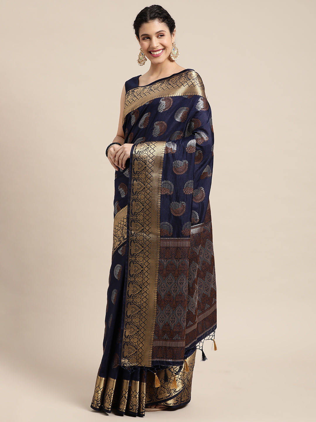 Mimosa Womens Art Silk Saree Banarasi Navy Blue Color