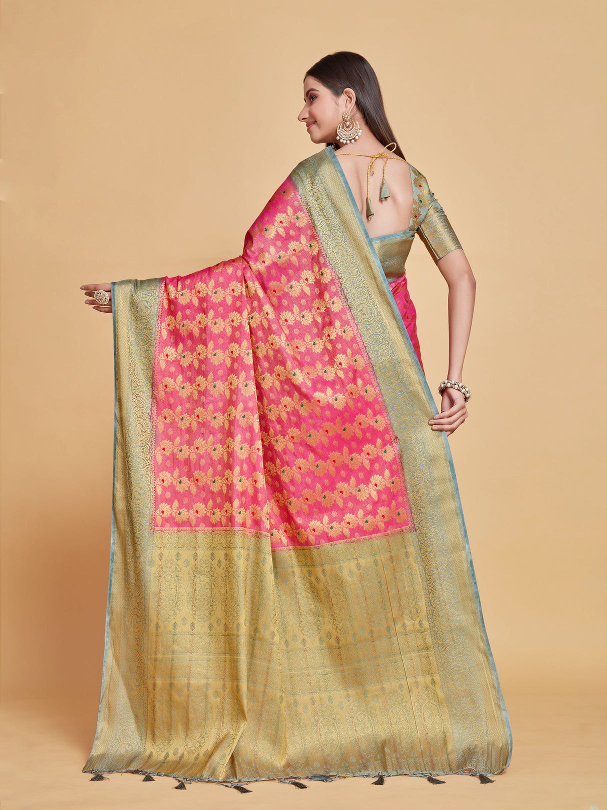 Mimosa Women's Woven Design Kanjivaram Style Art Silk Saree With Blouse Piece : SA00001125PNKFREE