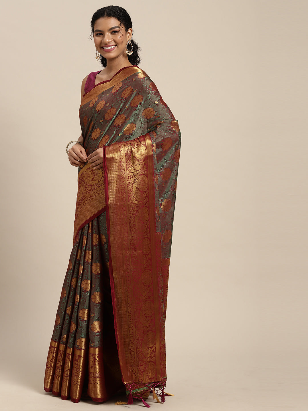 Mimosa Womens Art Silk Saree Kanjivaram Wine Color