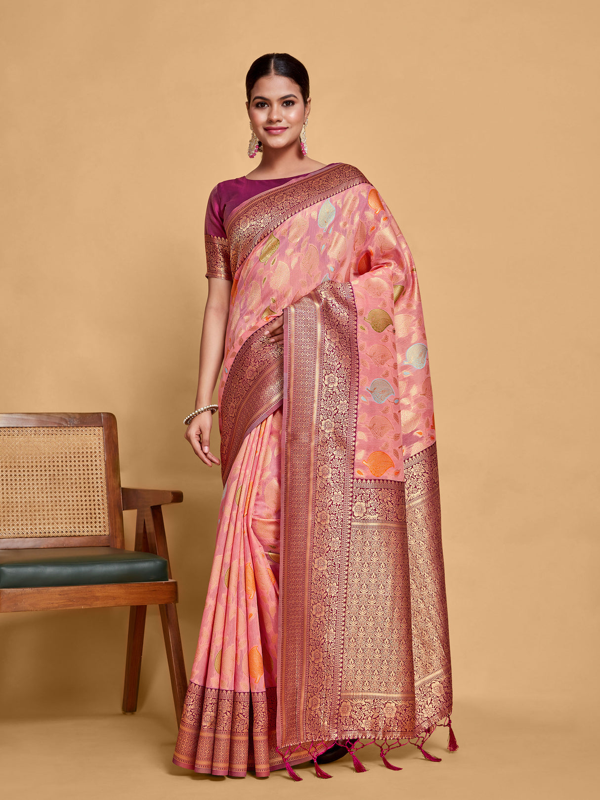 Mimosa Women's Woven Design Kanjivaram Linen Saree With Blouse Piece : SA00001236PNKFREE