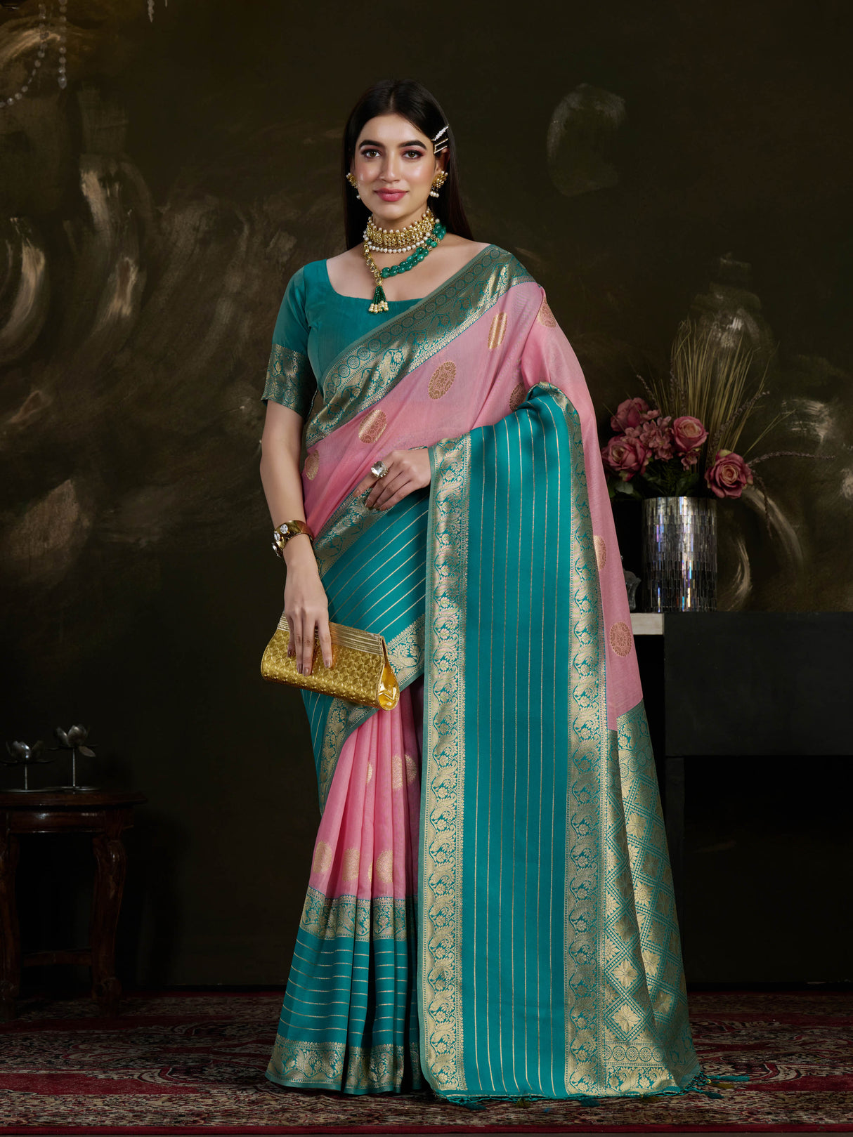 Mimosa Women's Woven Design Kanjivaram Style Art Silk Saree With Blouse Piece : SA0000869PNK