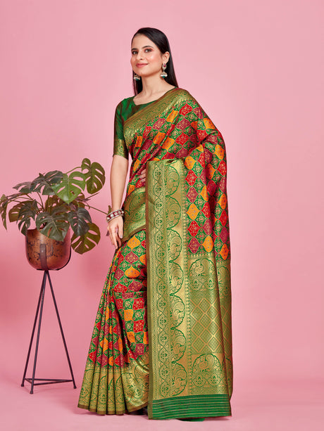 Mimosa Women's Woven Design Patola Style Art Silk Saree With Blouse Piece : SA00001343GRNFREE