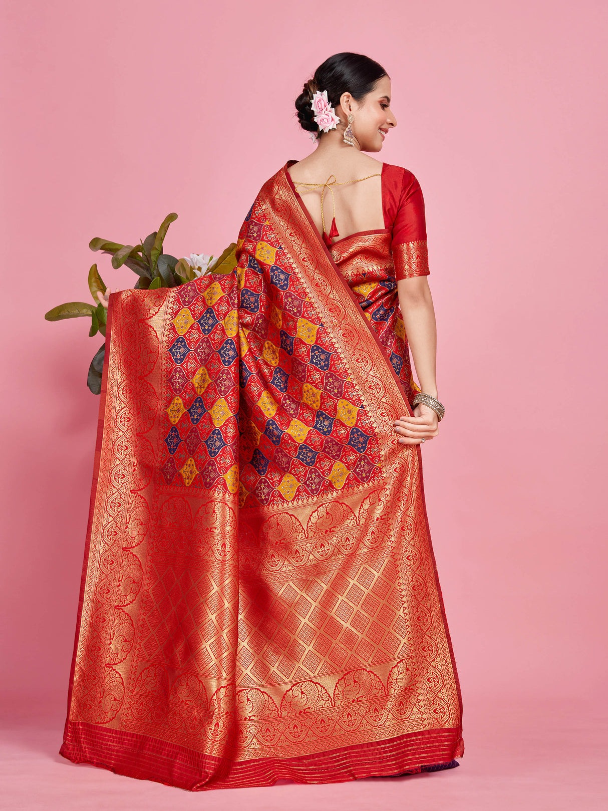 Mimosa Women's Woven Design Patola Style Art Silk Saree With Blouse Piece : SA00001343NVFREE