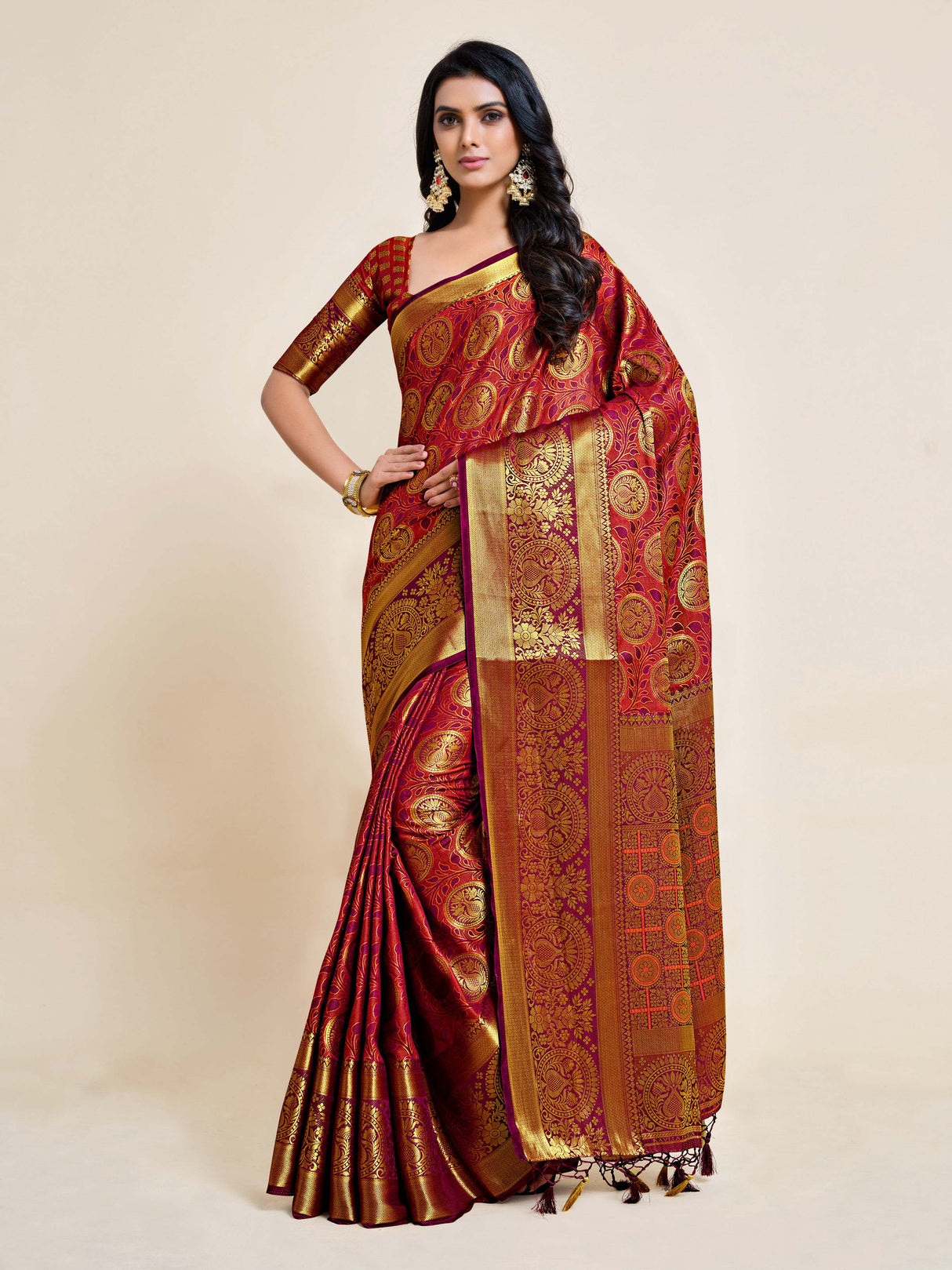 Mimosa Womens Art Silk Saree Kanjivaram Wine Color