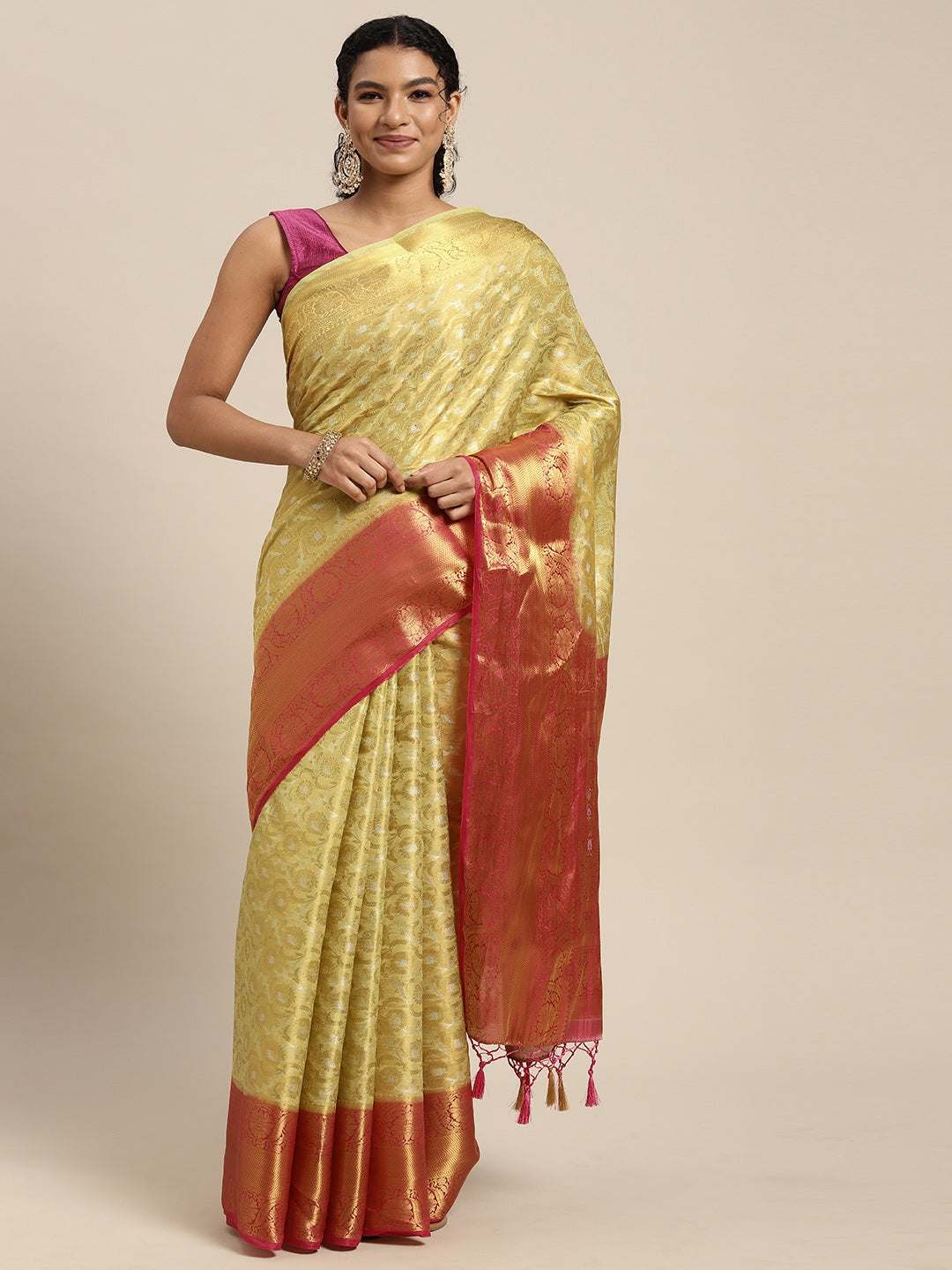 Mimosa Womens Art Silk Saree Kanjivaram Yellow Color