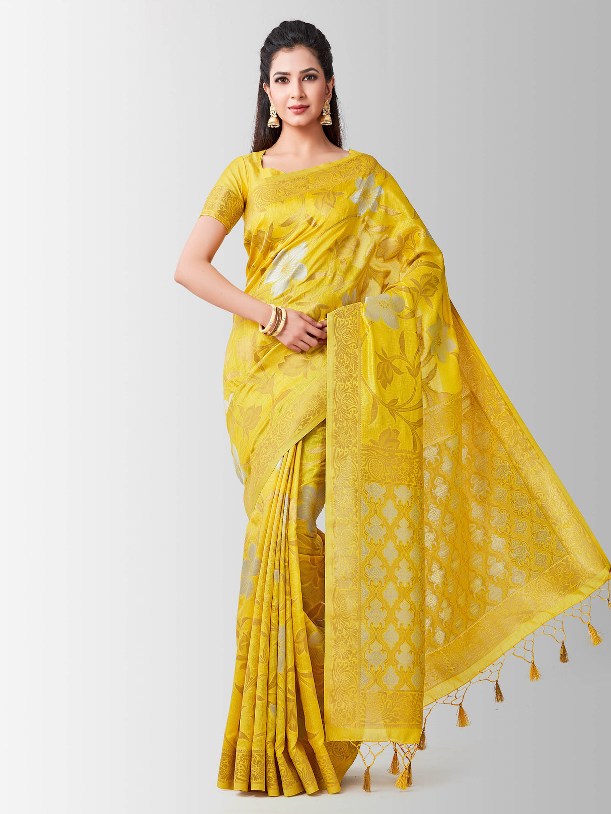 Mimosa Womens Art Silk Saree Kanjivaram Gold Color