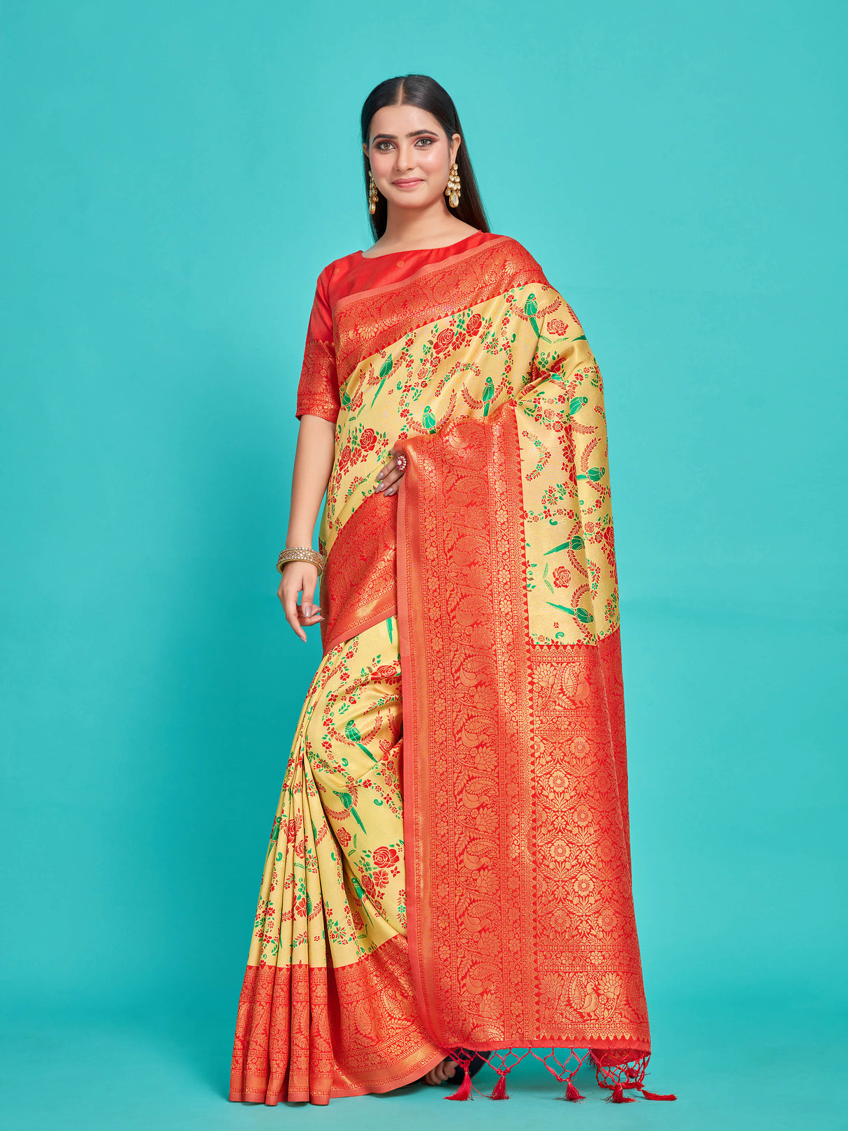 Mimosa Women's Woven Design Kanjivaram Style Art Silk Saree With Blouse Piece : SA00001257YLWFREE