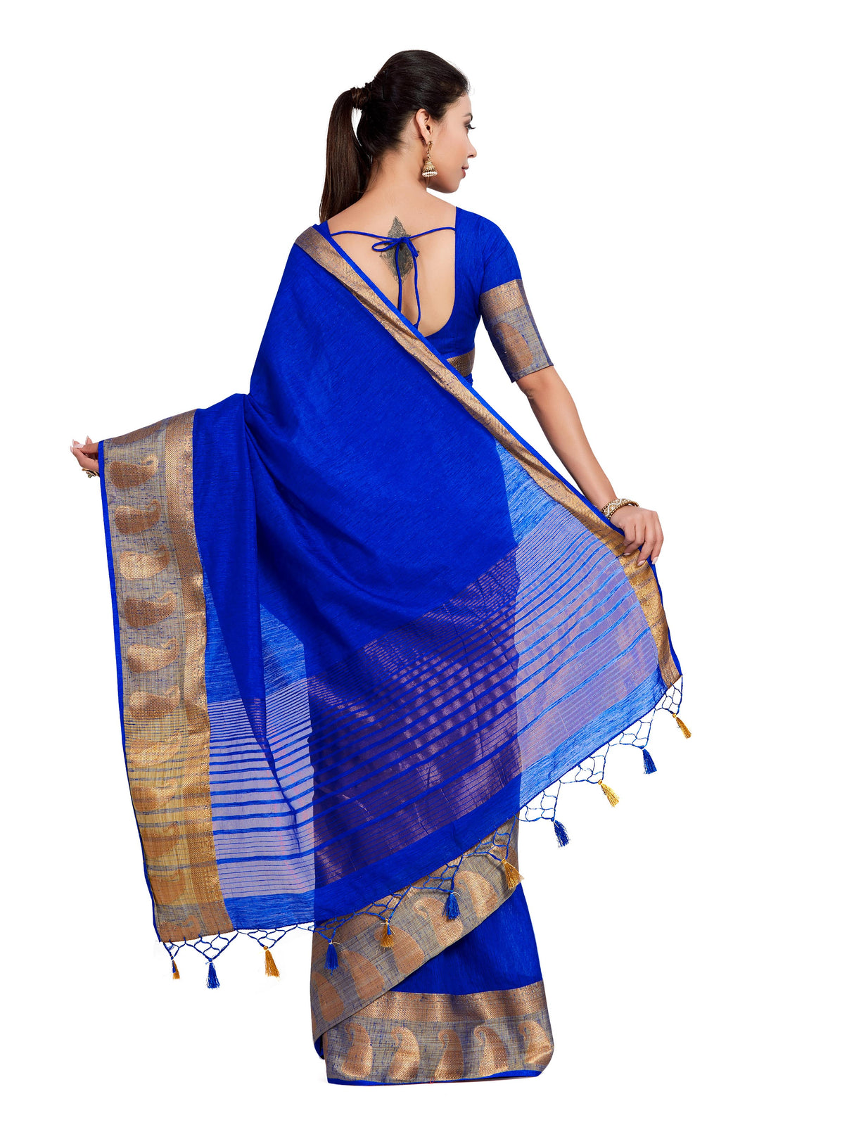 Mimosa Womens Linen Saree Kanjivaram style Royal Blue Color