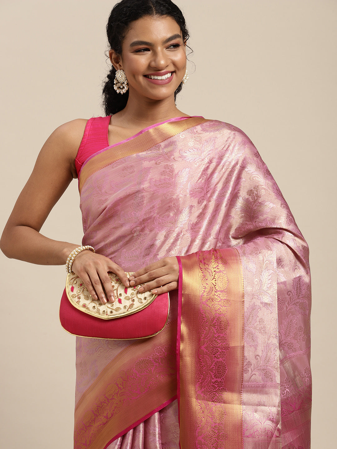 Mimosa Womens Art Silk Saree Kanjivaram Pink Color