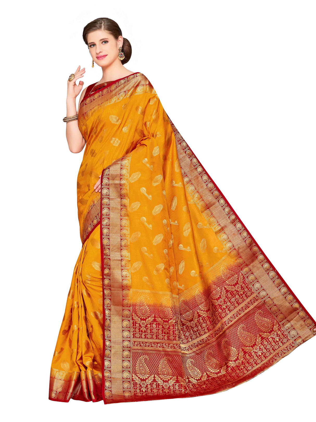 Mimosa Womens Art Silk Saree Kanjivaram Gold Color