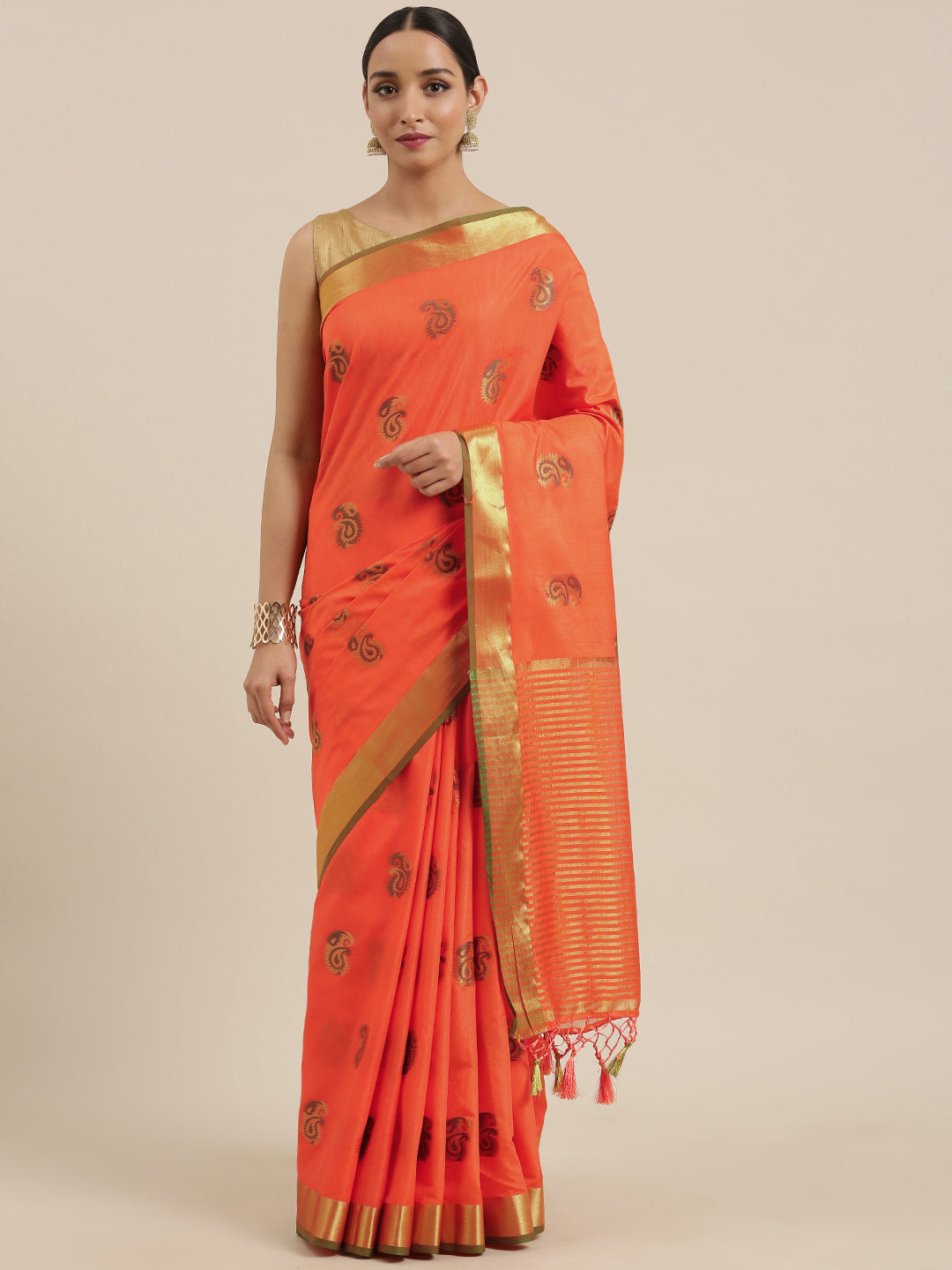 Mimosa Womens Art Silk Saree Kanjivaram style Peach Color