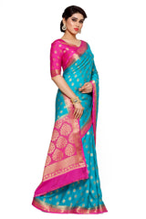 Mimosa Womens Crepe Saree Mysore Silk Saffire Color