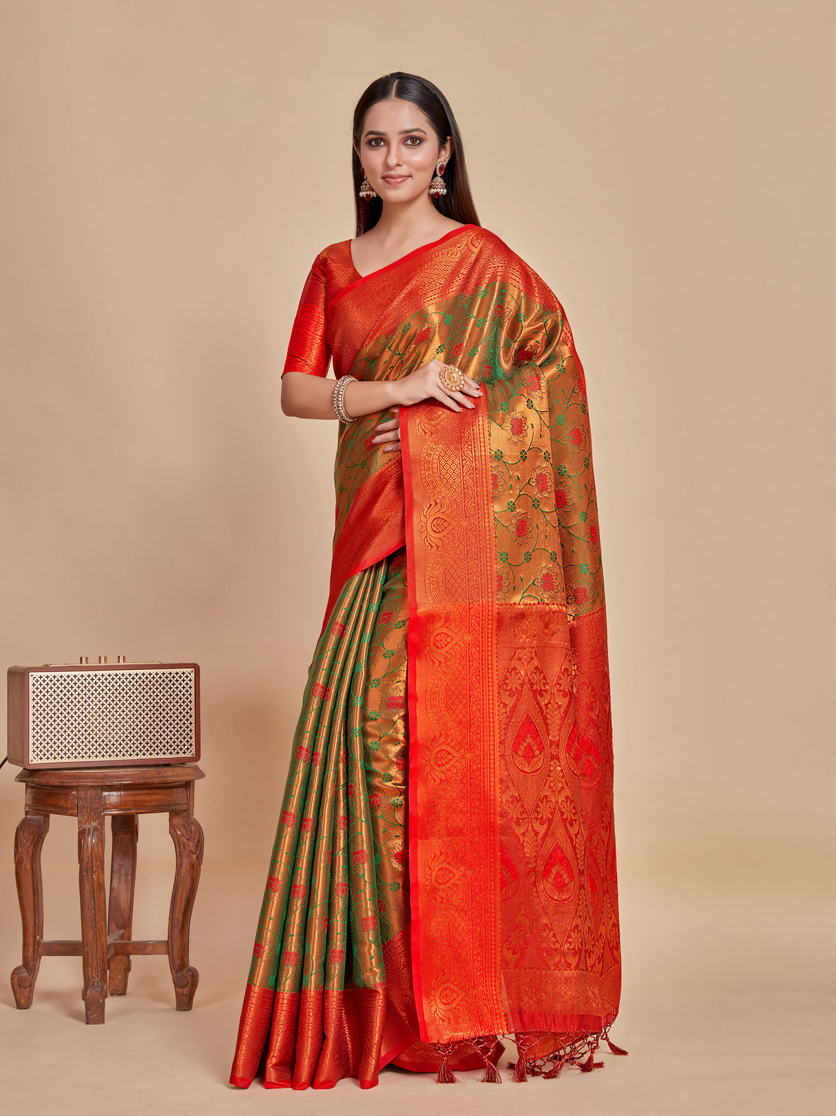 Mimosa Women's Woven Design Kanjivaram Style Art Silk Saree With Blouse Piece : SA00001286BGFREE