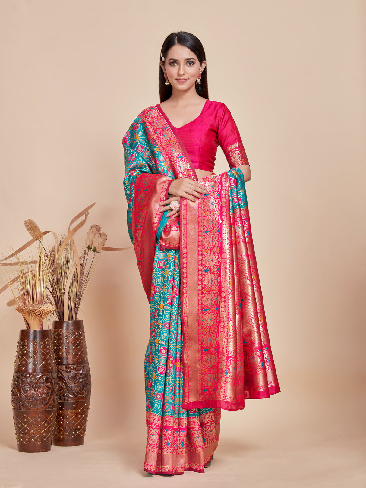 Mimosa Women's Woven Design Patola Style Art Silk Saree With Blouse Piece : SA00001342RMFREE