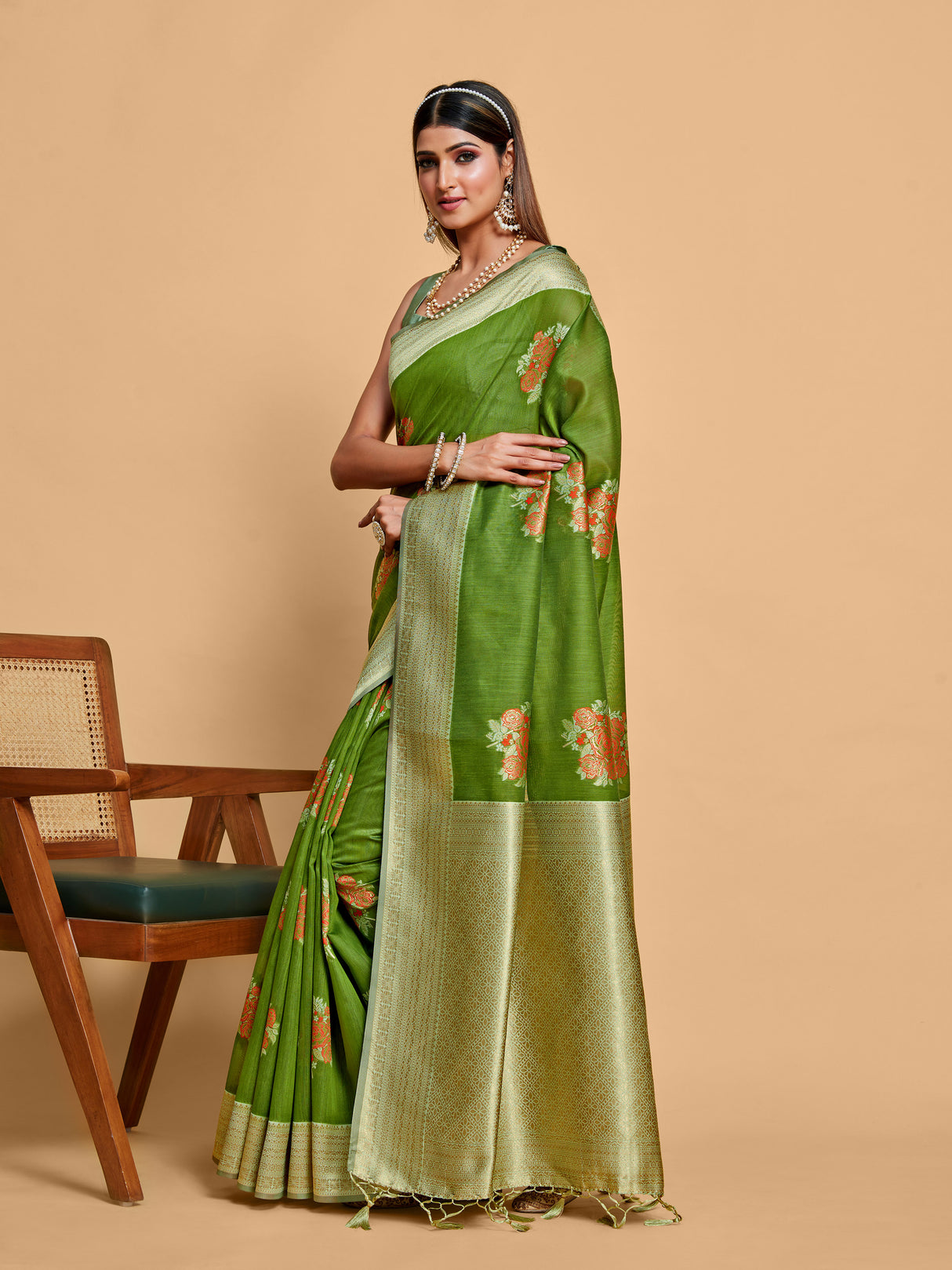 Mimosa Women's Woven Design Kanjivaram Linen Saree With Blouse Piece : SA00001231OLFREE