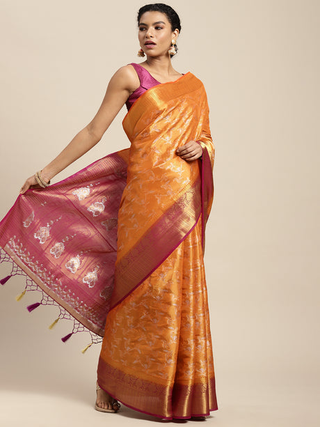 Mimosa Womens Art Silk Saree Kanjivaram Orange Color