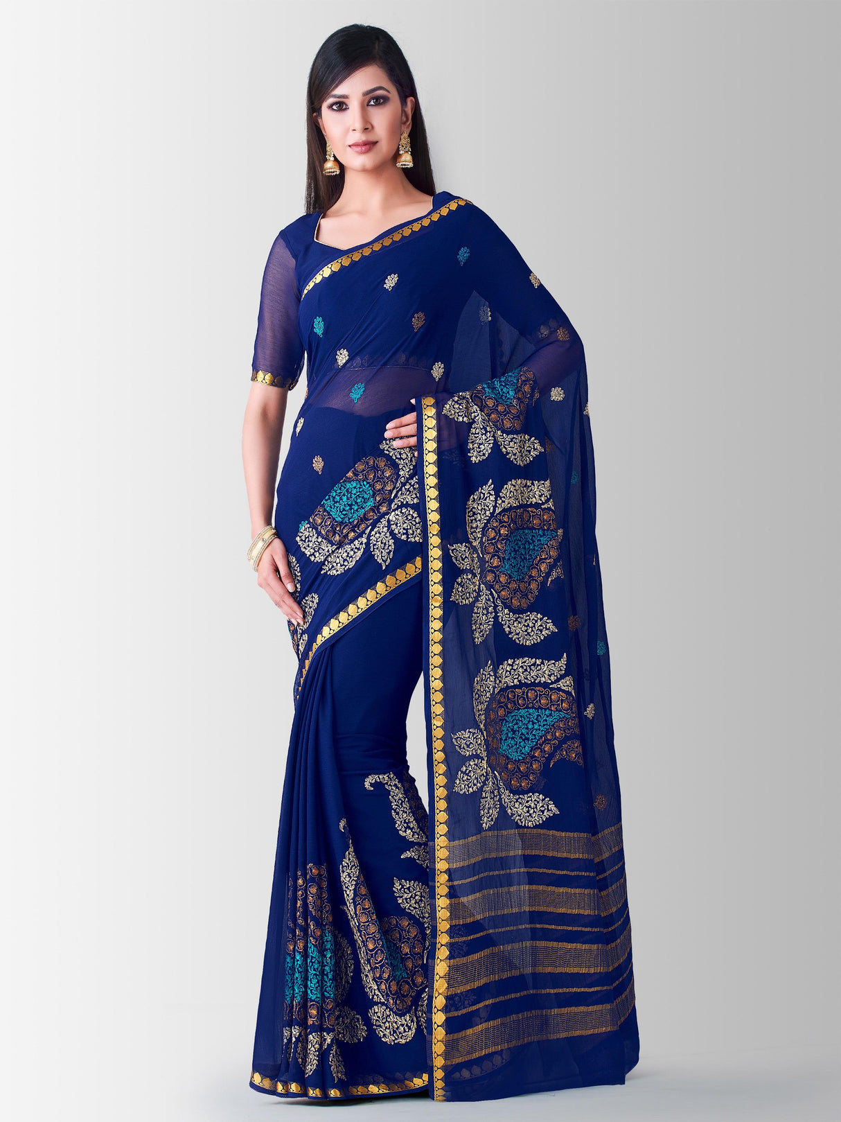 Mimosa Womens Chiffon Saree Banarasi style Navy Blue Color