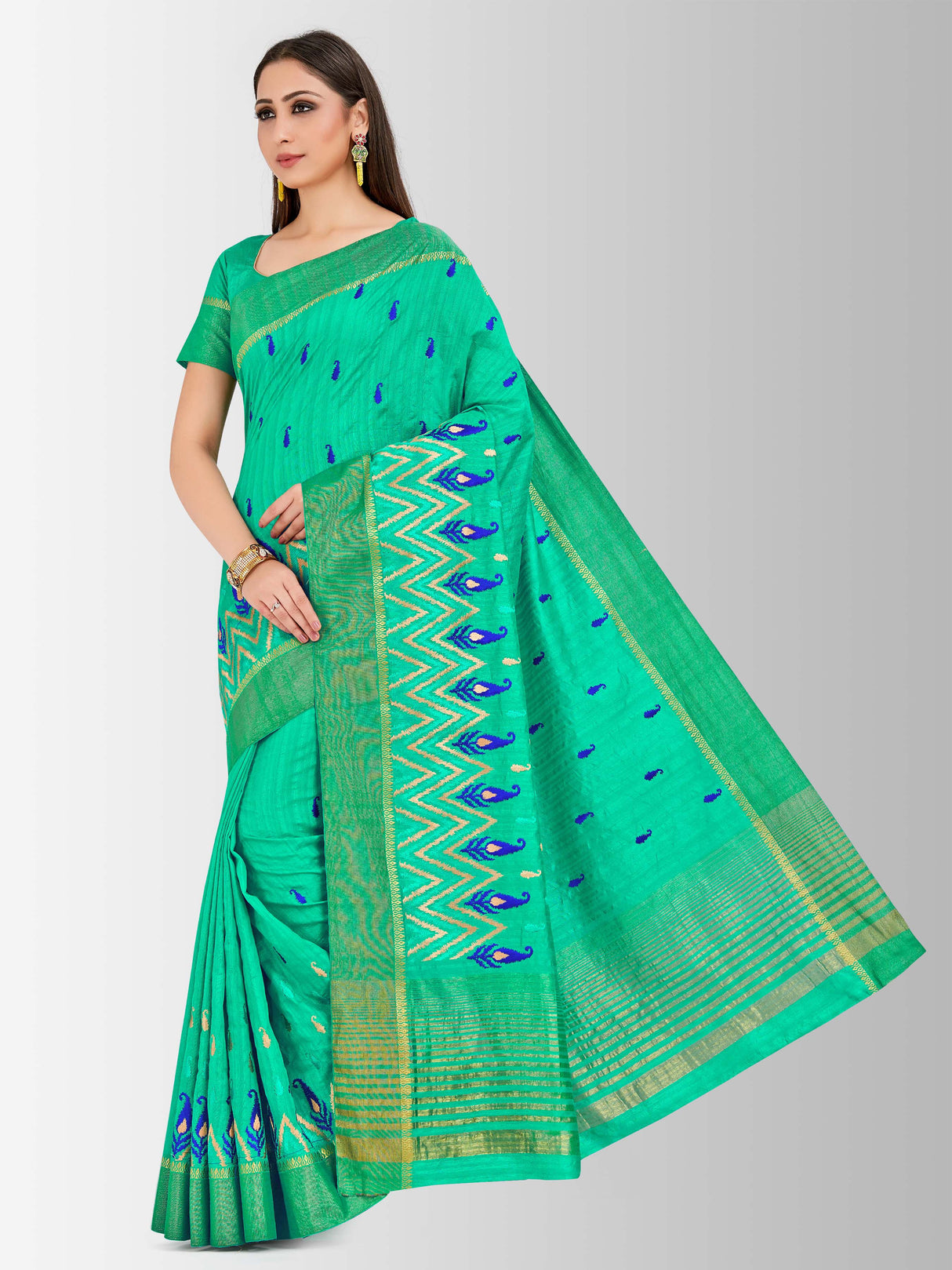 Mimosa Womens Raw Silk Saree Kanjivaram style Rama Color