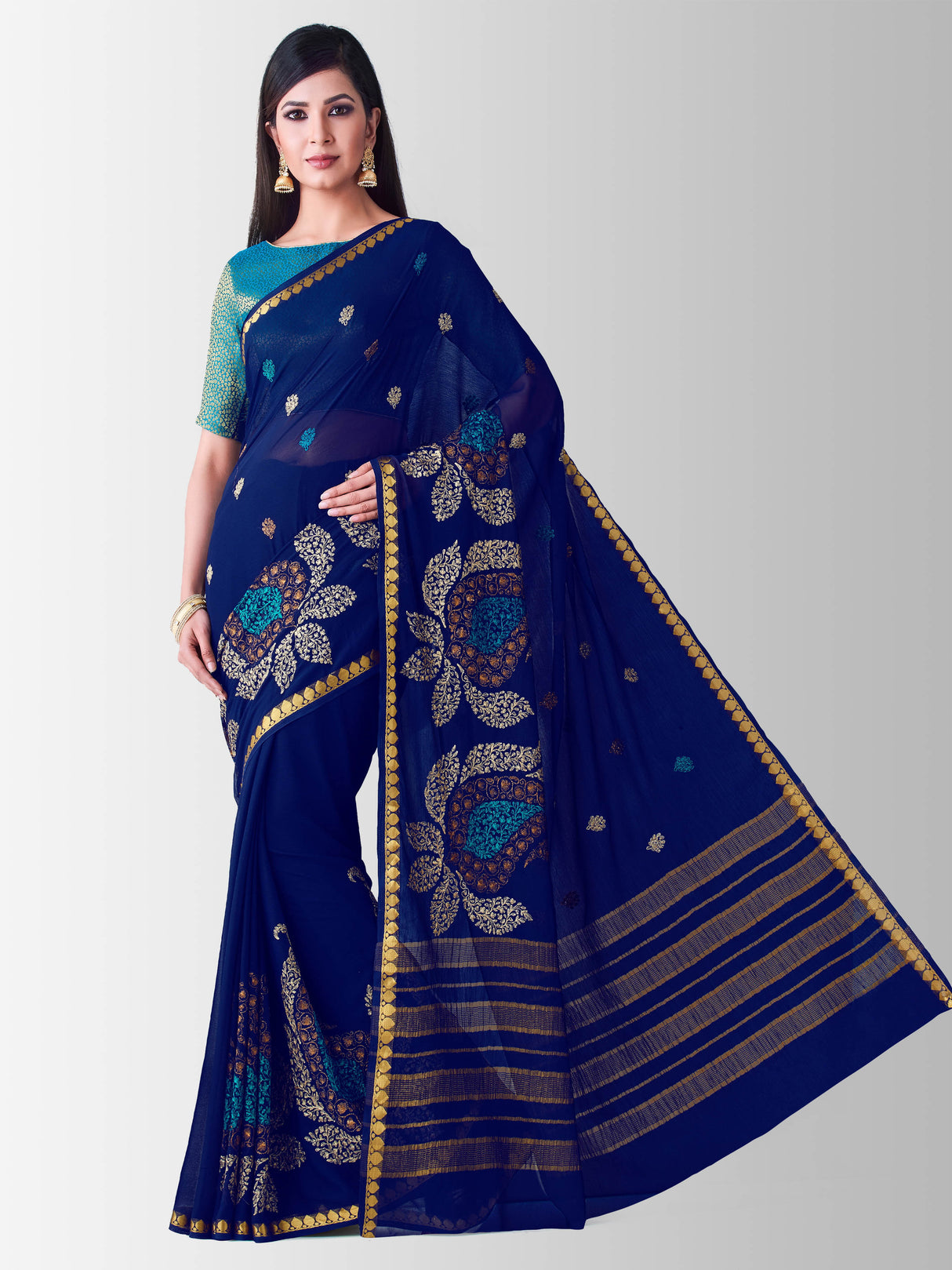 Mimosa Womens Chiffon Saree Banarasi style Navy Blue Color