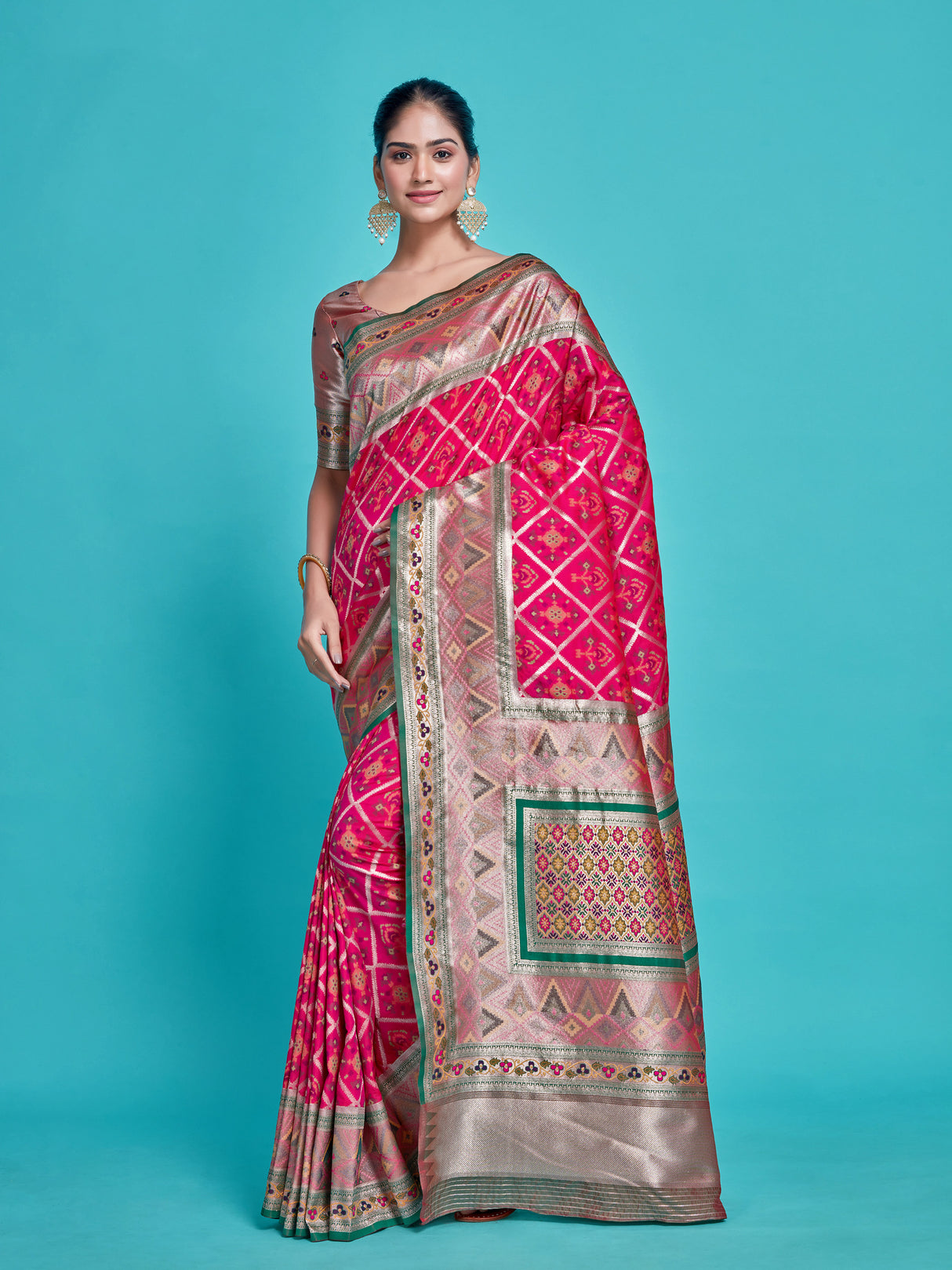 Mimosa Women's Woven Design Patola Style Art Silk Saree With Blouse Piece : SA00001378WNFREE