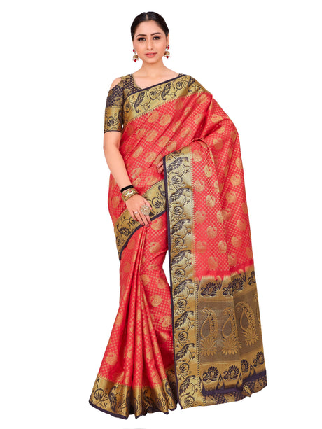 Mimosa Womens Art Silk Saree Kanjivaram Strawberry Color