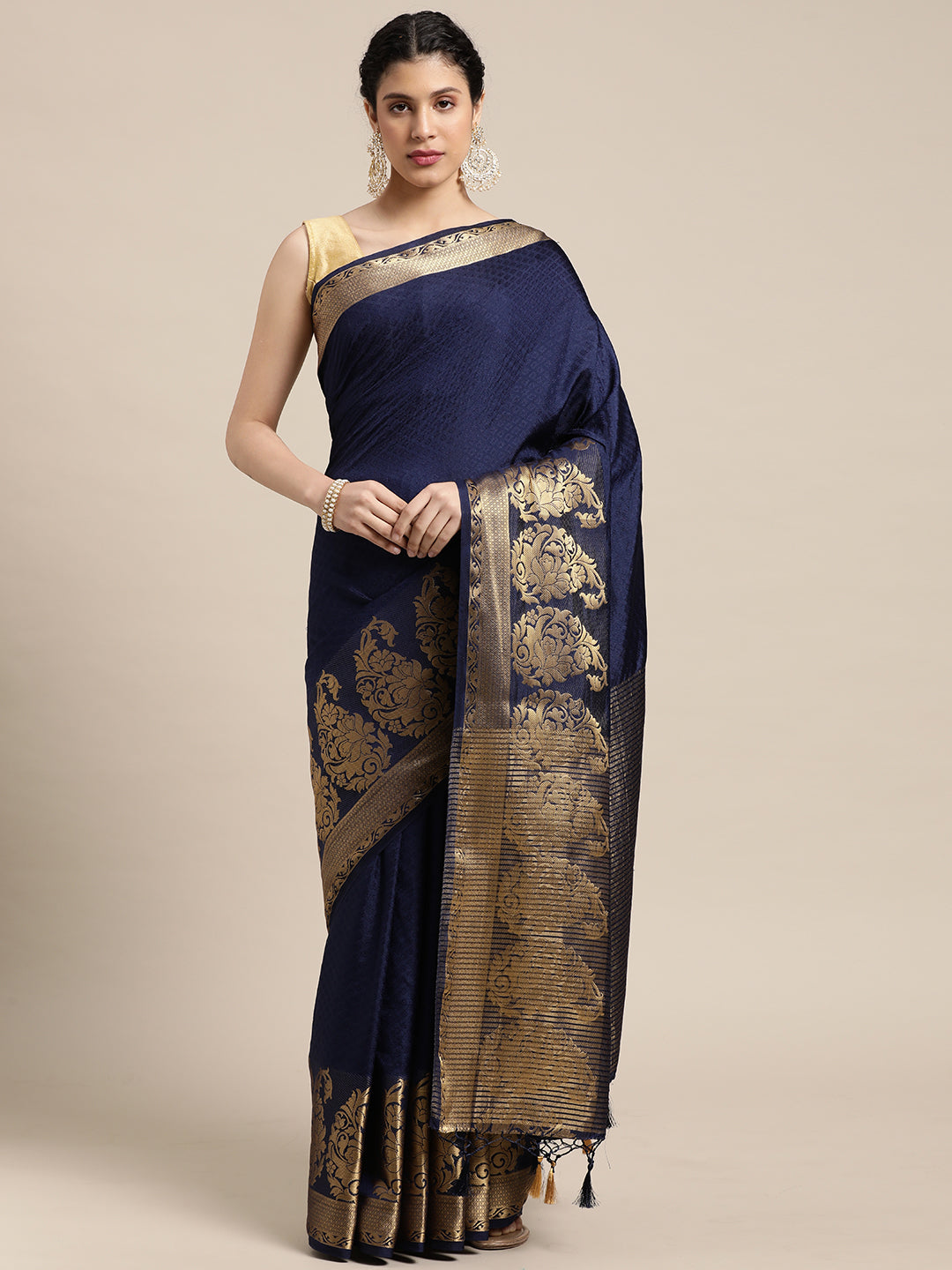 Mimosa Womens Art Silk Saree Kanjivaram style Navy Blue Color