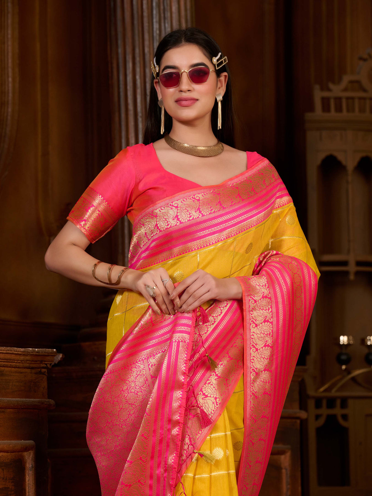 Mimosa Women's Woven Design Kanjivaram Style Art Silk Saree With Blouse Piece : SA0000870GD