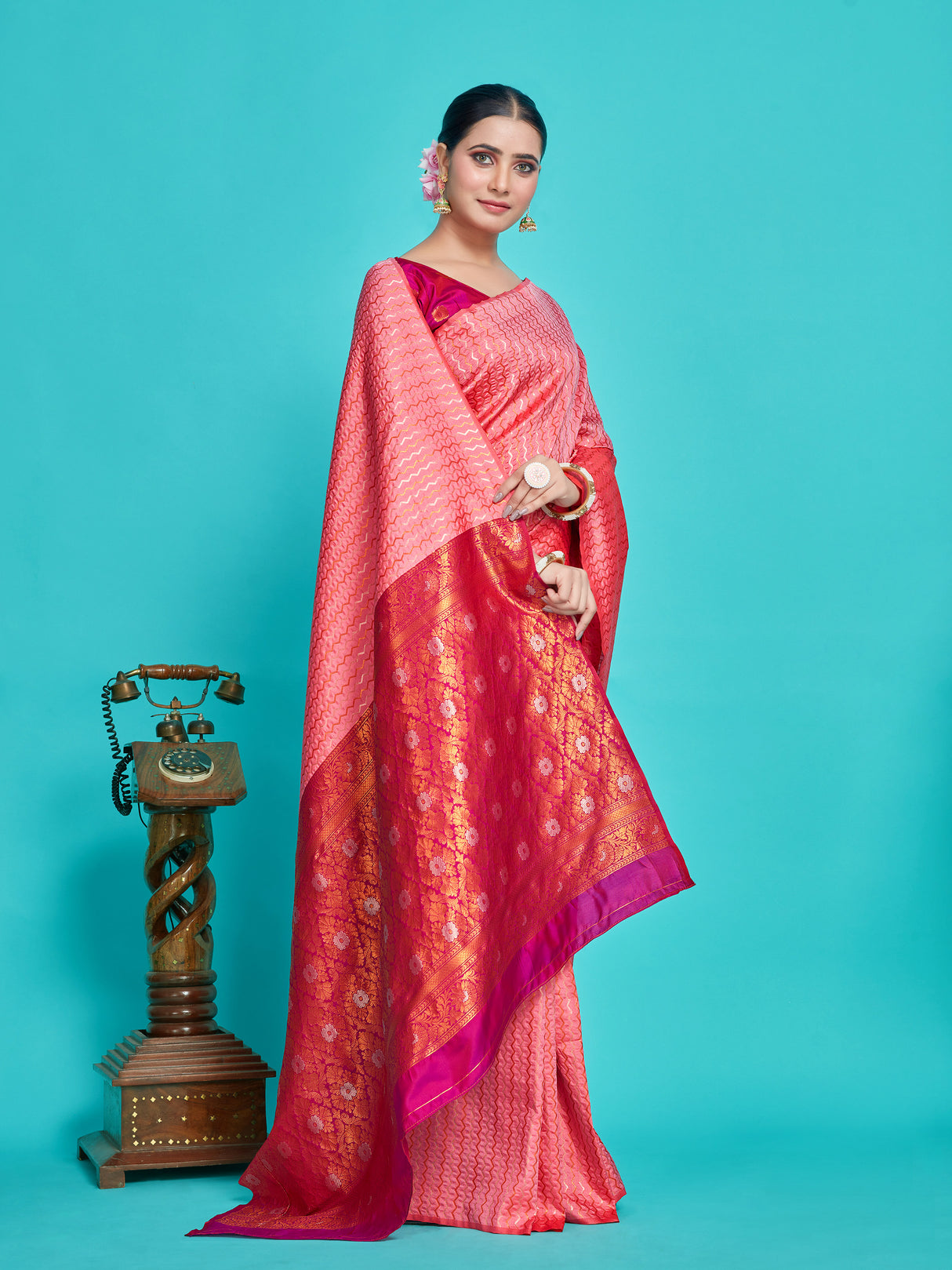 Mimosa Women's Woven Design Kanjivaram Style Art Silk Saree With Blouse Piece : SA00001375PNKFREE