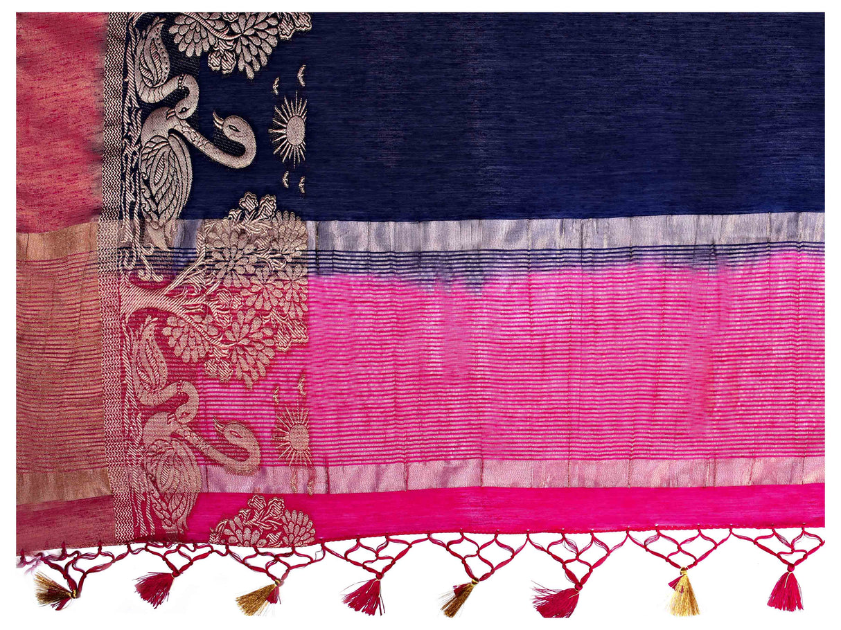 Mimosa Womens Linen Saree Kanjivaram style Navy Blue Color