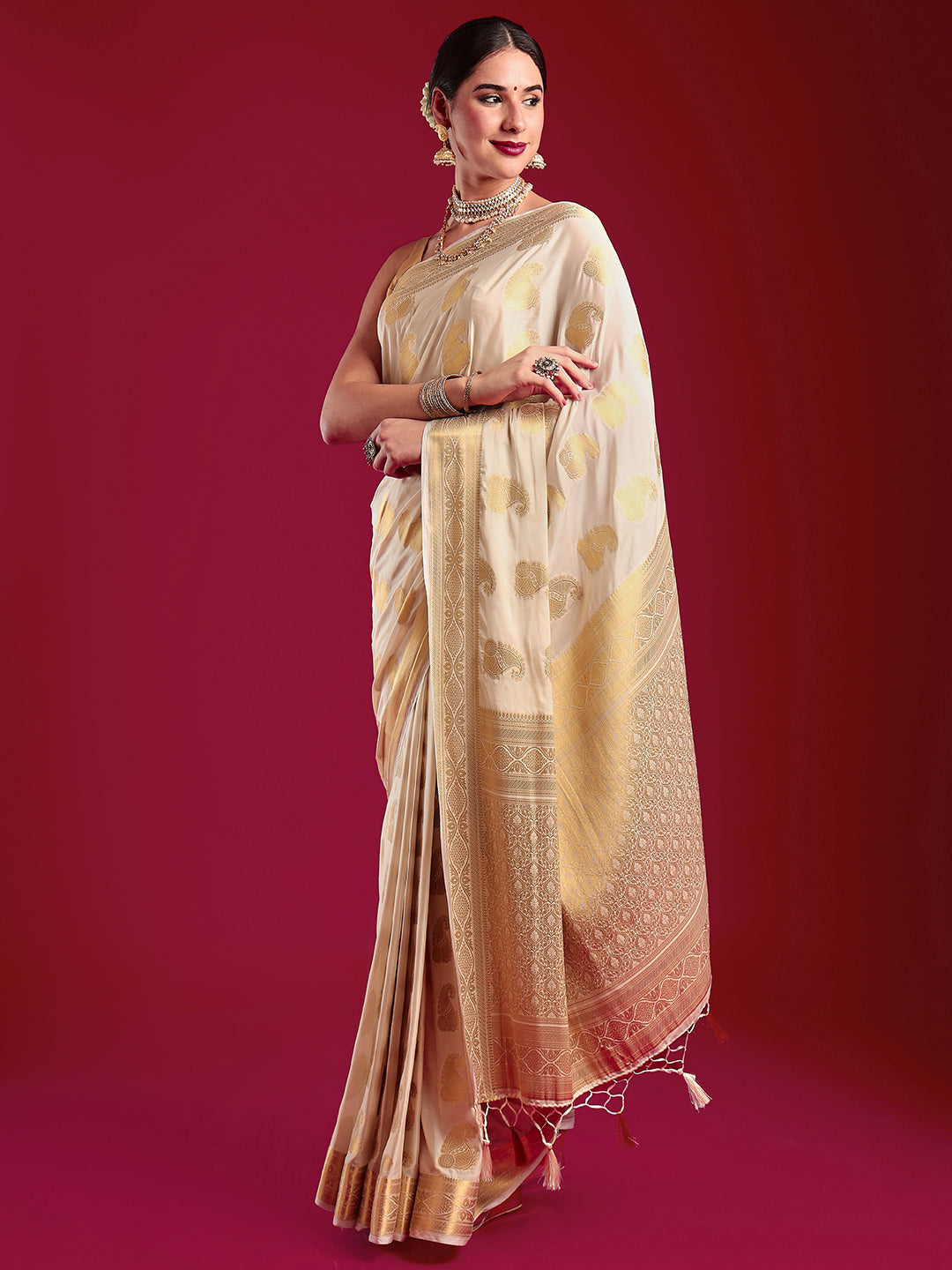 Mimosa Women's Woven Design Kasavu Crepe Saree With Blouse Piece : SA00001201CRFREE