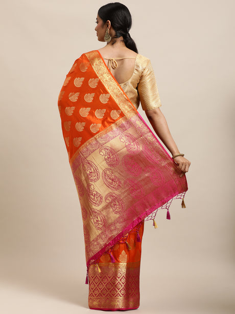 Mimosa Womens Art Silk Saree Kanjivaram Orange Color