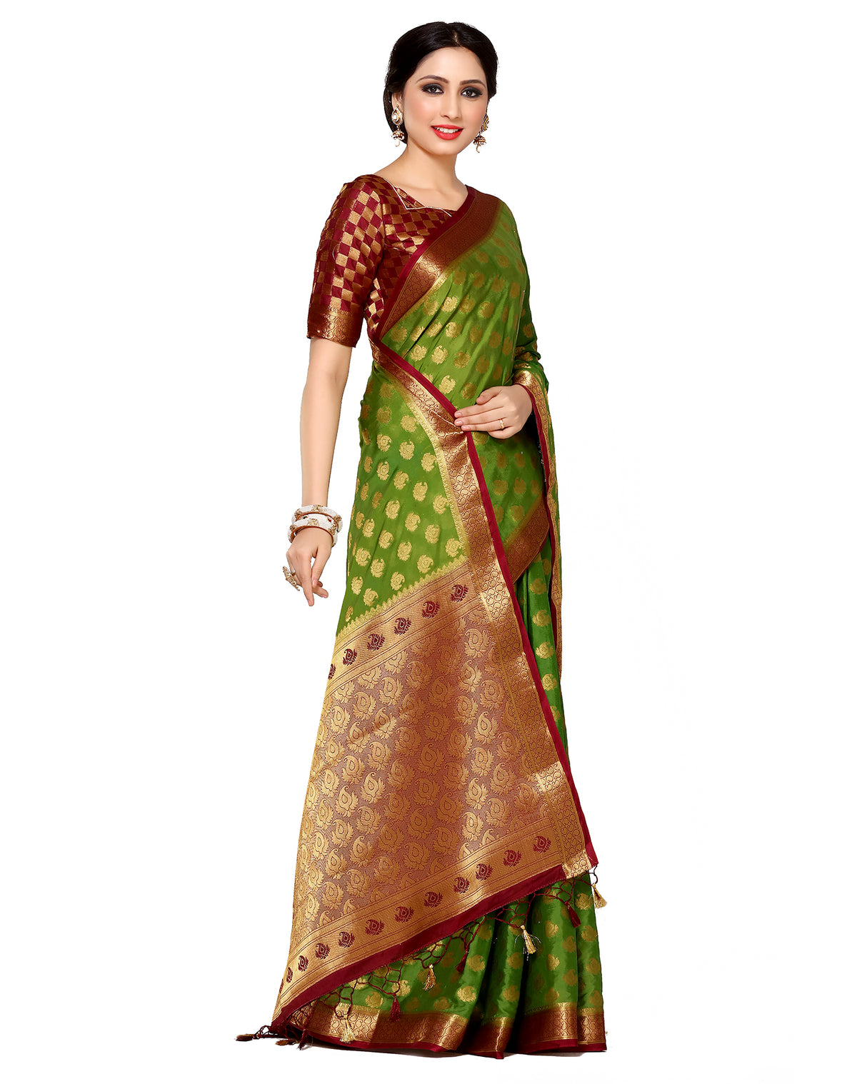 Mimosa Womens Crepe Saree Mysore Silk Olive Color